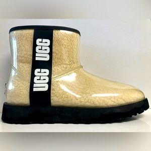 Clear Mini UGG Ankle Boots. Natural wool color, waterproof. Size 8.